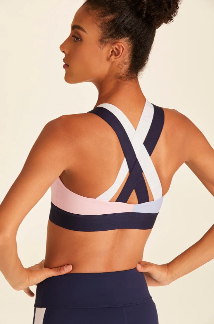 ALANA Eclipse Sports Bra Blue Pink High Impact Crossback Logo Scoop Neck Size XS